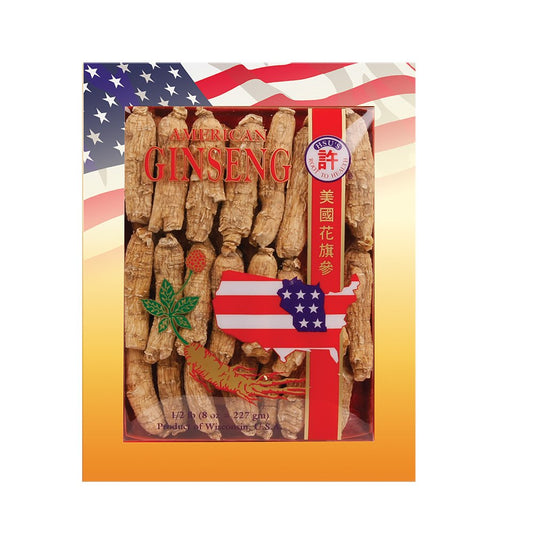 Hsu's Wisconsin American Ginseng roots 8 oz box, ideal for tea.