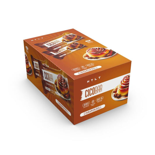HTLT CICOBAR Cinnamon Roll bar in hand highlights portable protein for on-the-go fueling.