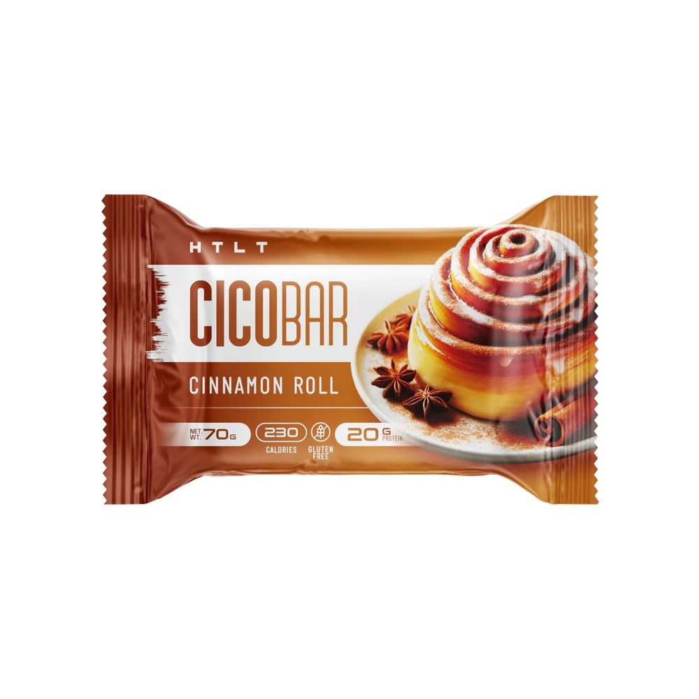 HTLT CICOBAR Cinnamon Roll packaging shows a tasty plant-based snack for active adults.
