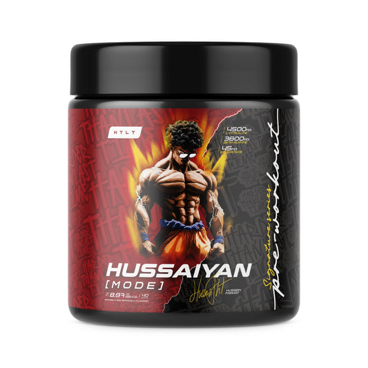 HTLT Supps Hussaiyan Mode pre-workout bottle pour boosts focus and energy during training.