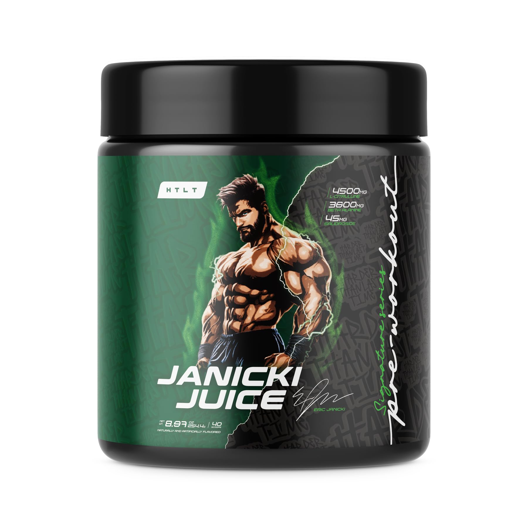 HTLT Supps Janicki Juice Signature Series pre-workout bottle boosts focus and energy for training.