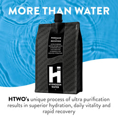 HTWO hydrogen water with electrolytes packaging highlight for easy travel hydration.