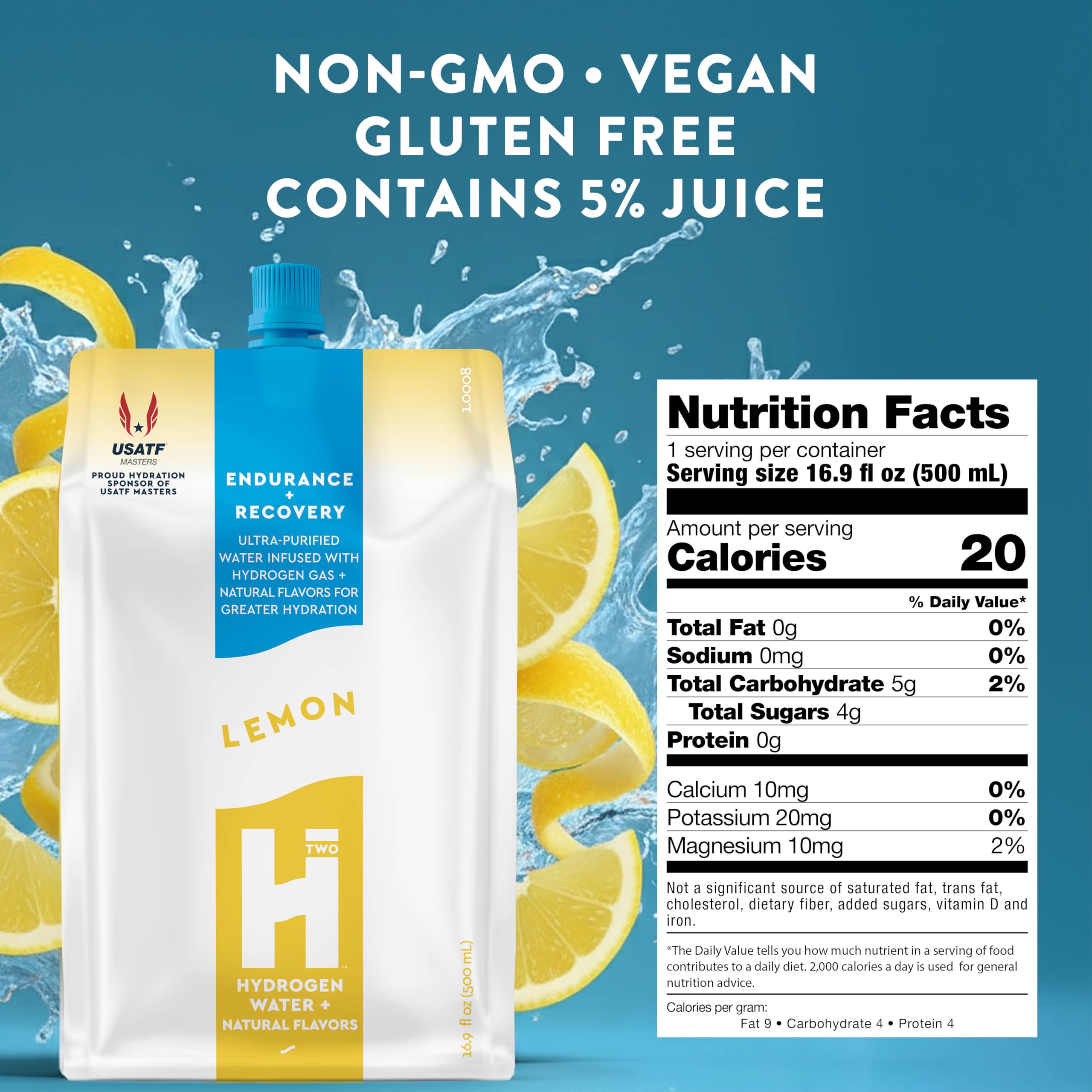 HTWO lemon hydrogen water glass provides citrus flavored hydration boost.