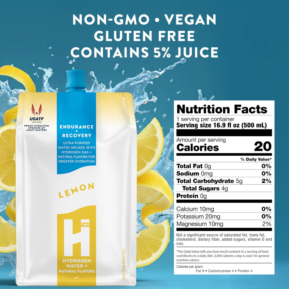 HTWO lemon hydrogen water glass provides citrus flavored hydration boost.
