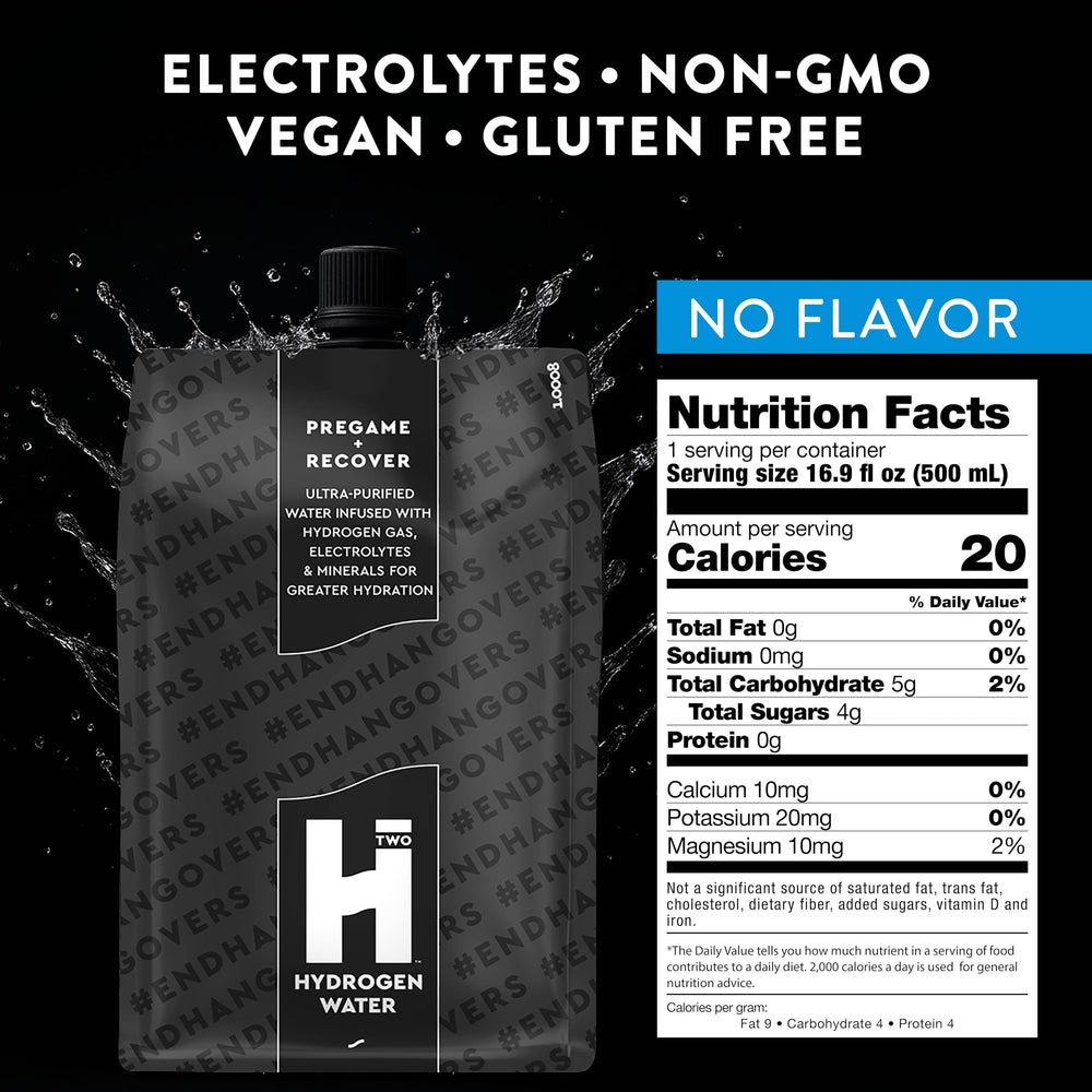 HTWO Nightlyfe recovery water pour showing unflavored hydration after workouts.