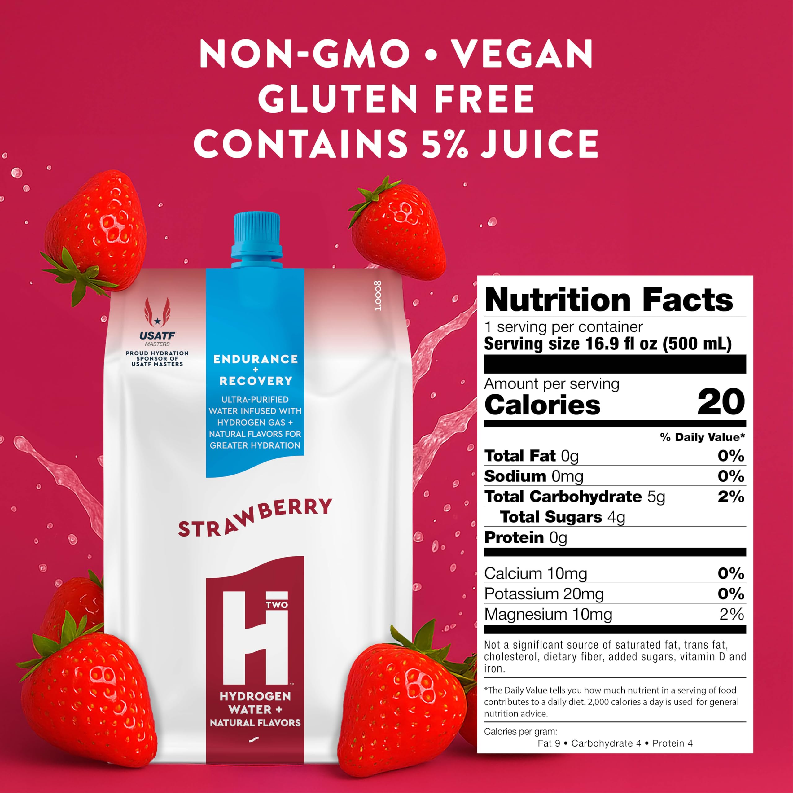 HTWO strawberry-flavored hydrogen water being poured for clean hydration