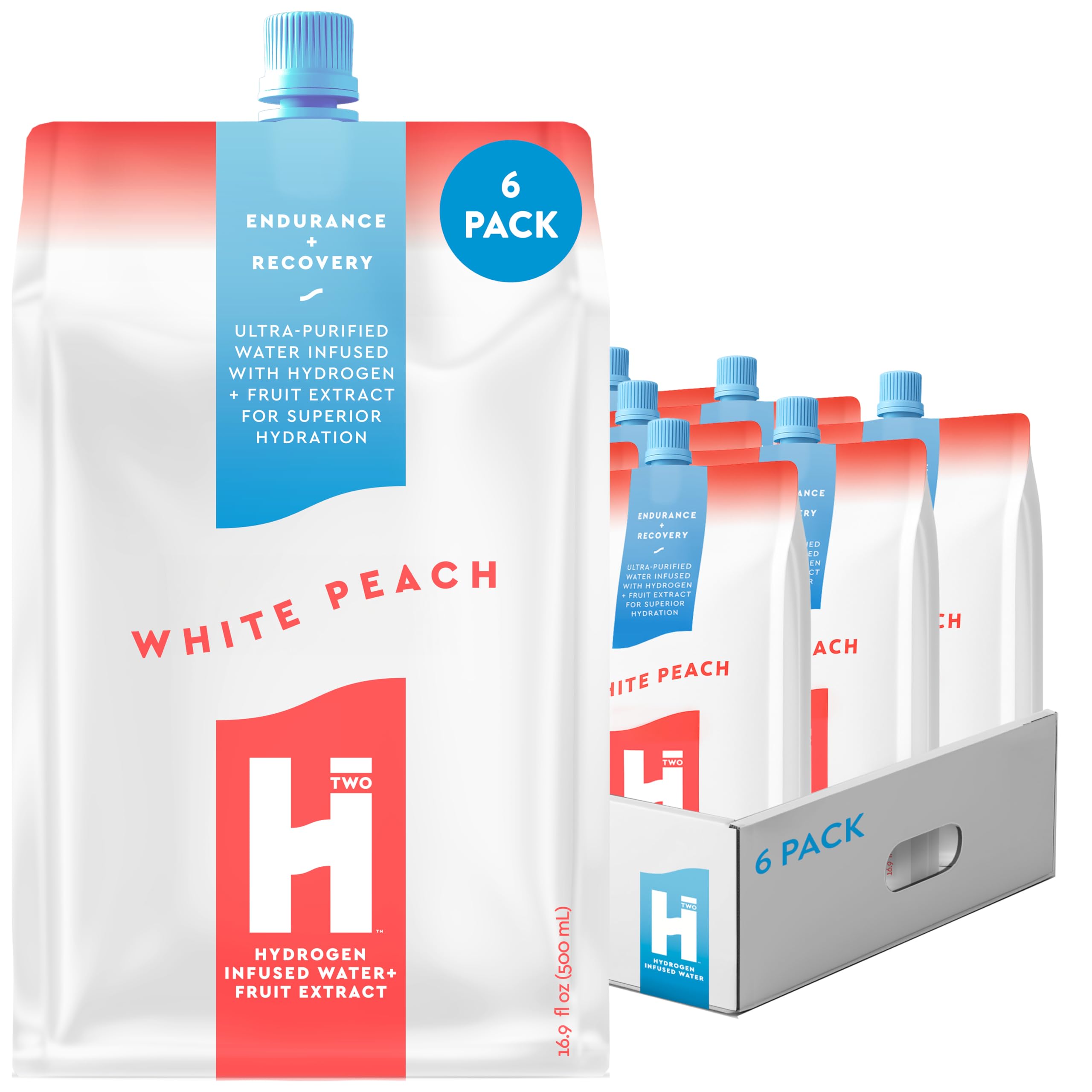 HTWO white peach hydrogen water pouch for portable hydration during workouts.
