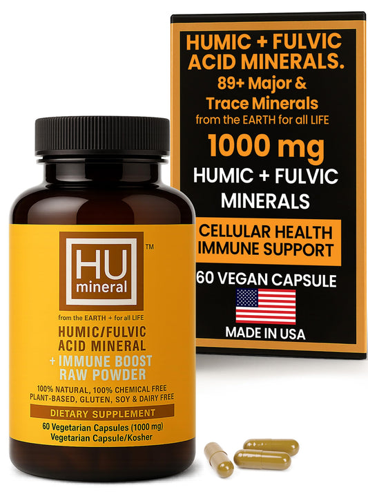 HUmineral bottle full view highlights the organic mineral blend for absorption.