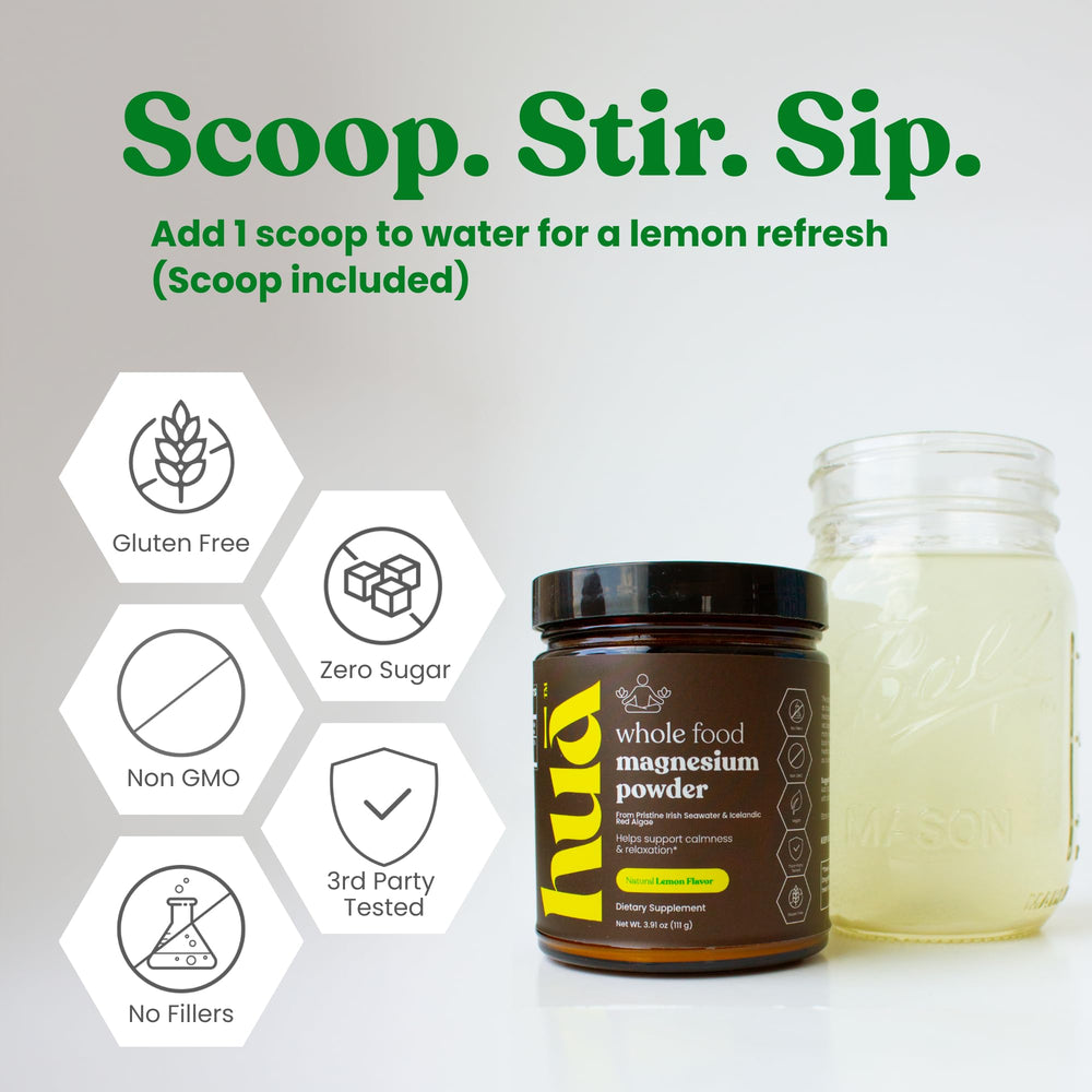 HUA Wellness lemon-flavored magnesium powder adding refreshing taste to beverages.
