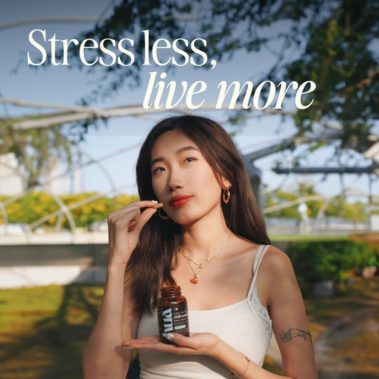 HUA Wellness Stress Support bottle back highlighting adaptogens for stress management.