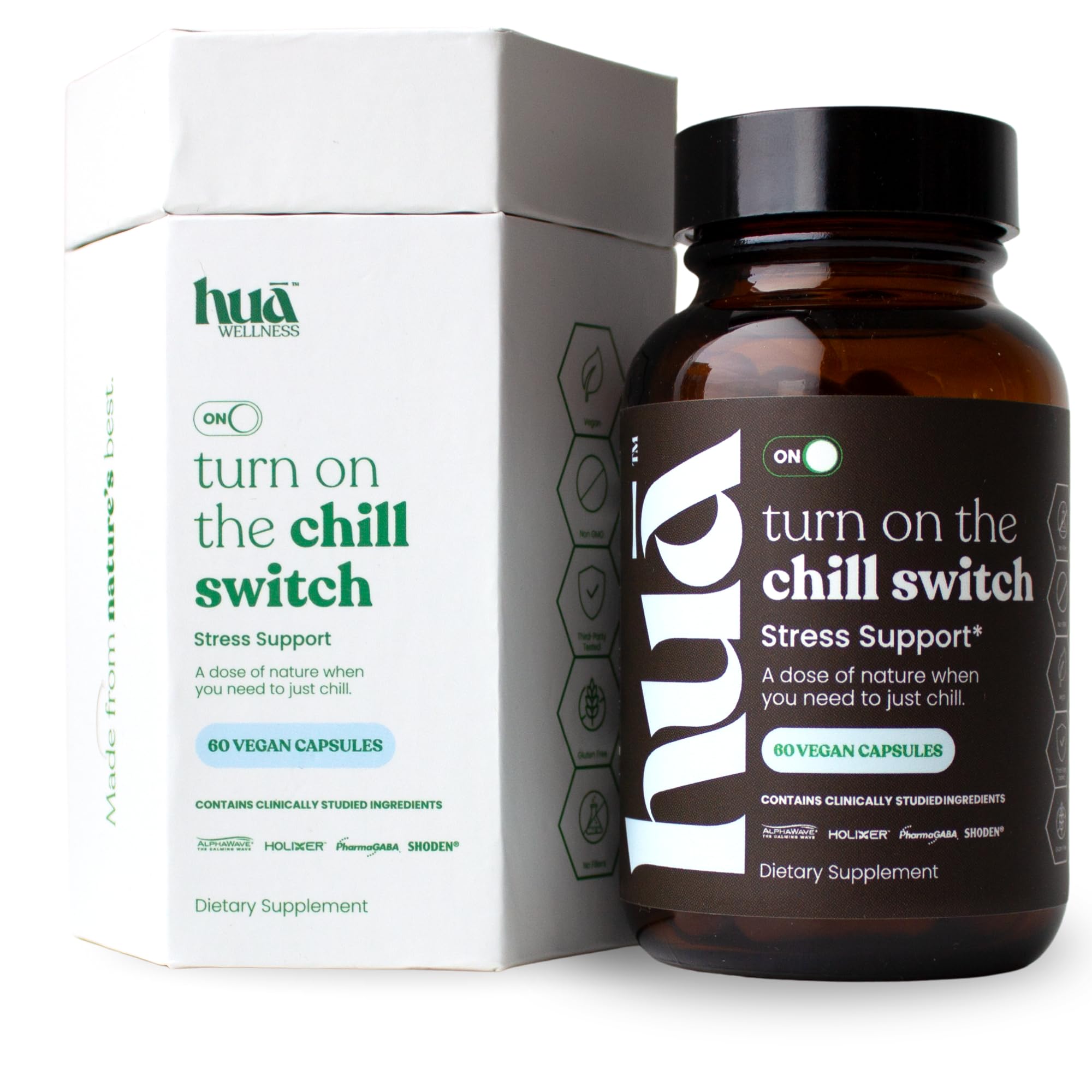 HUA Wellness Stress Support bottle front for daily calm and focus.