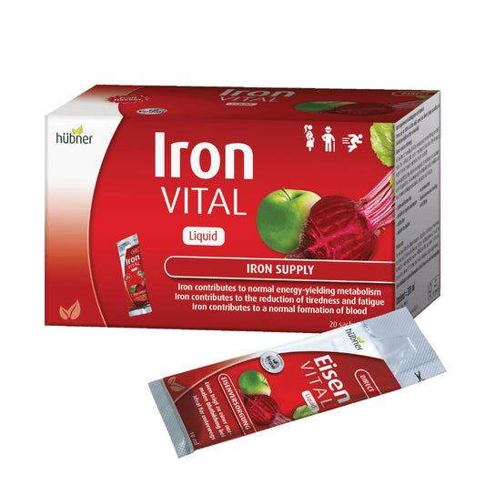 Hubner Iron Vital Liquid bottle front with fruit flavor for easy daily intake