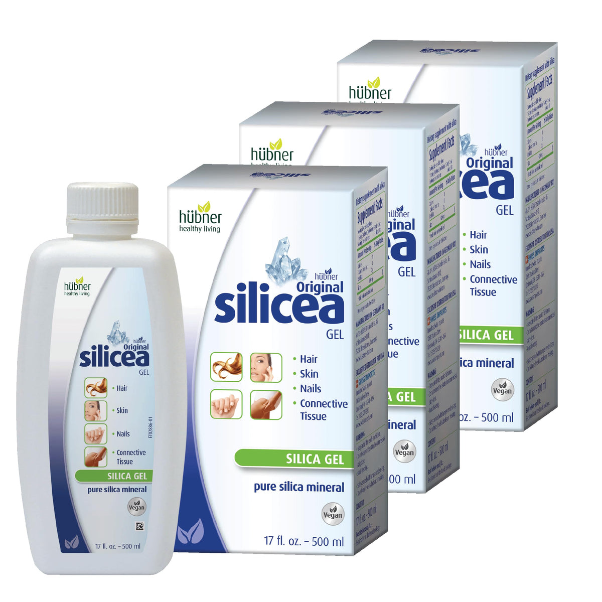 Hubner Silicea Gel three-pack front view highlighting value for hair, skin, and nails.