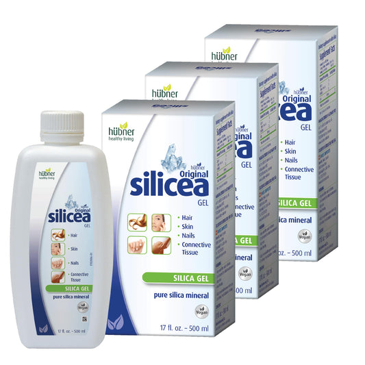 Hubner Silicea Gel three-pack front view highlighting value for hair, skin, and nails.