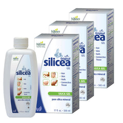 Hubner Silicea Gel three-pack front view highlighting value for hair, skin, and nails.