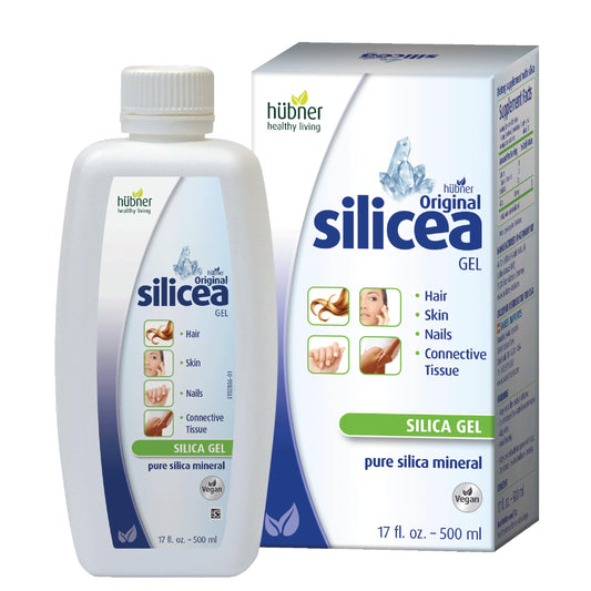 Hubner Silicea Gel bottle showcasing pure silica formula for hair, skin, and nails, with beauty support.