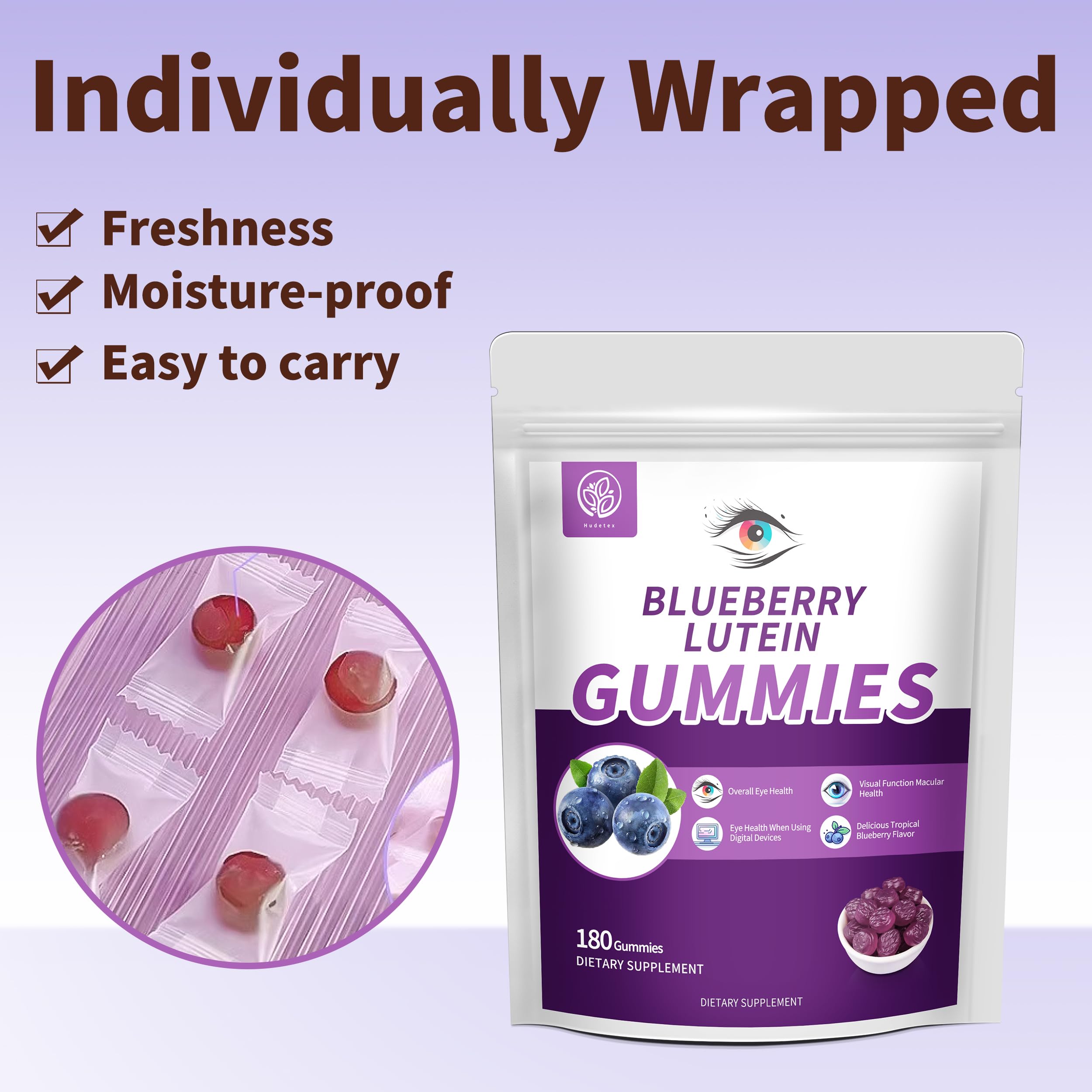 Kid-friendly Hudetex gummies for easy lutein intake.