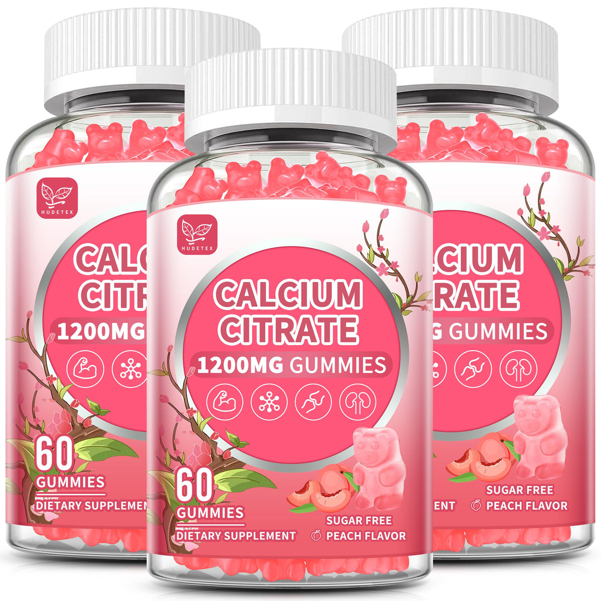 Hudetex calcium citrate gummies bottle view showing 1200 mg for potential bone support.