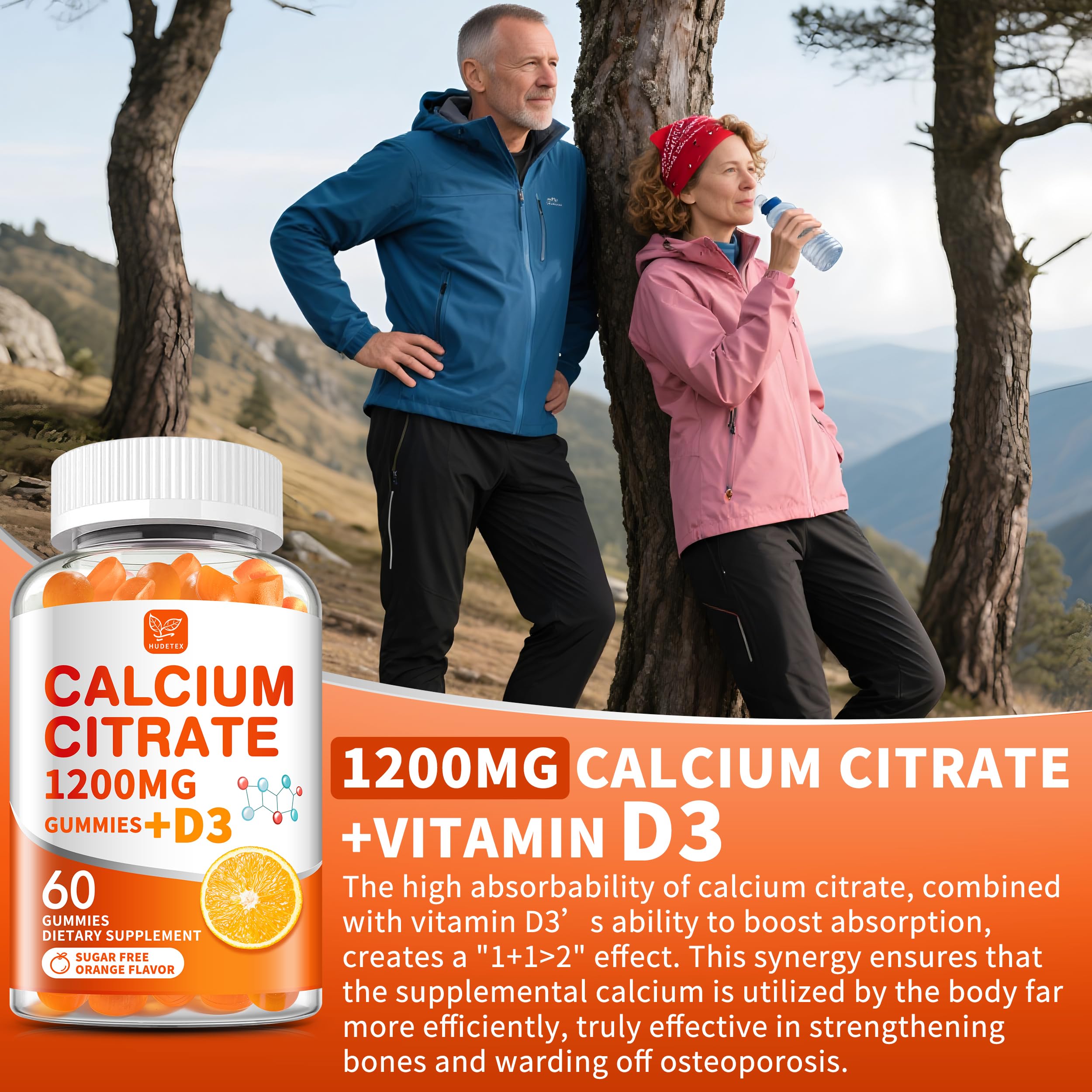 Hudetex Calcium Citrate 1200mg bottle with two gummies as daily dose.