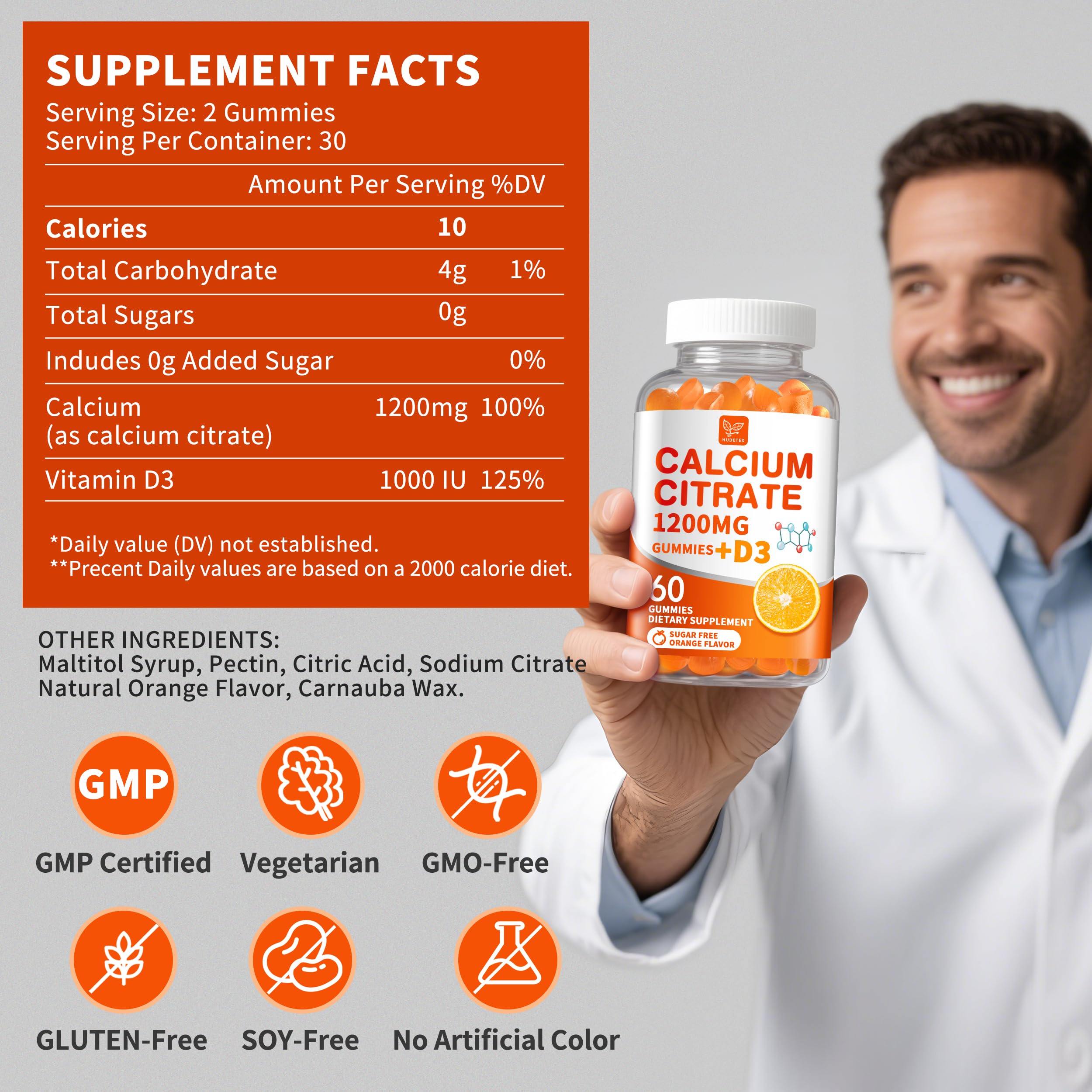 Hudetex vegan mark on packaging indicates plant-based calcium source.