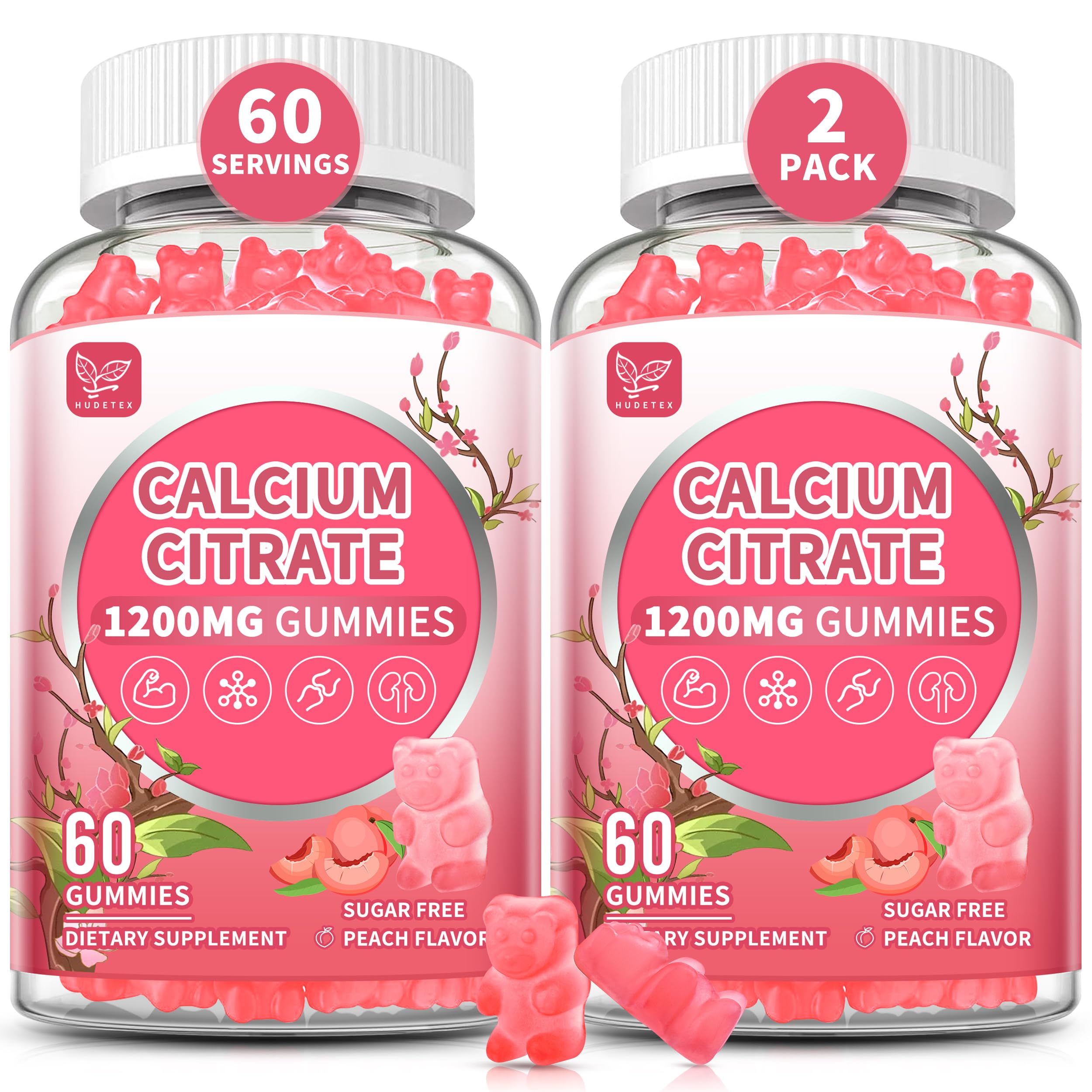 Hudetex calcium citrate gummies bottle front with 1200 mg, easy to digest.