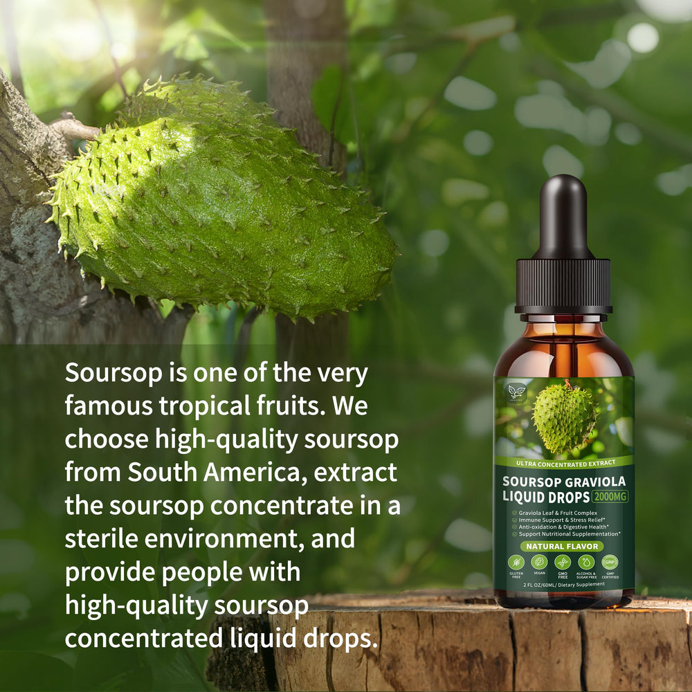 Hudetex Soursop liquid drops daily bottle on counter, ready-to-use herbal drops