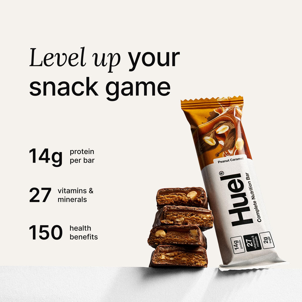 Huel bar shows vegan cocoa coating and clean ingredients.
