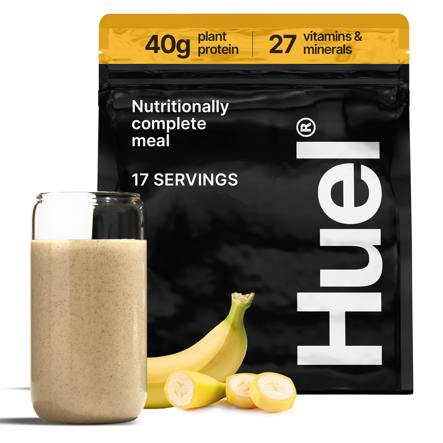 Huel Black Edition banana tub label highlights 40g protein per serving for quick plant-based meals