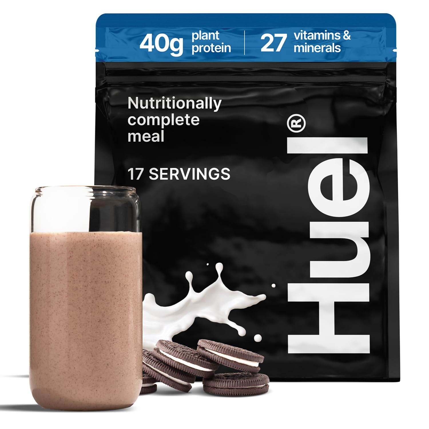 Huel Black Edition Cookies and Cream powder jar for convenient vegan protein and meal replacement.