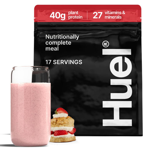 Huel Black Edition Strawberry Shortcake bottle ready for a protein packed meal