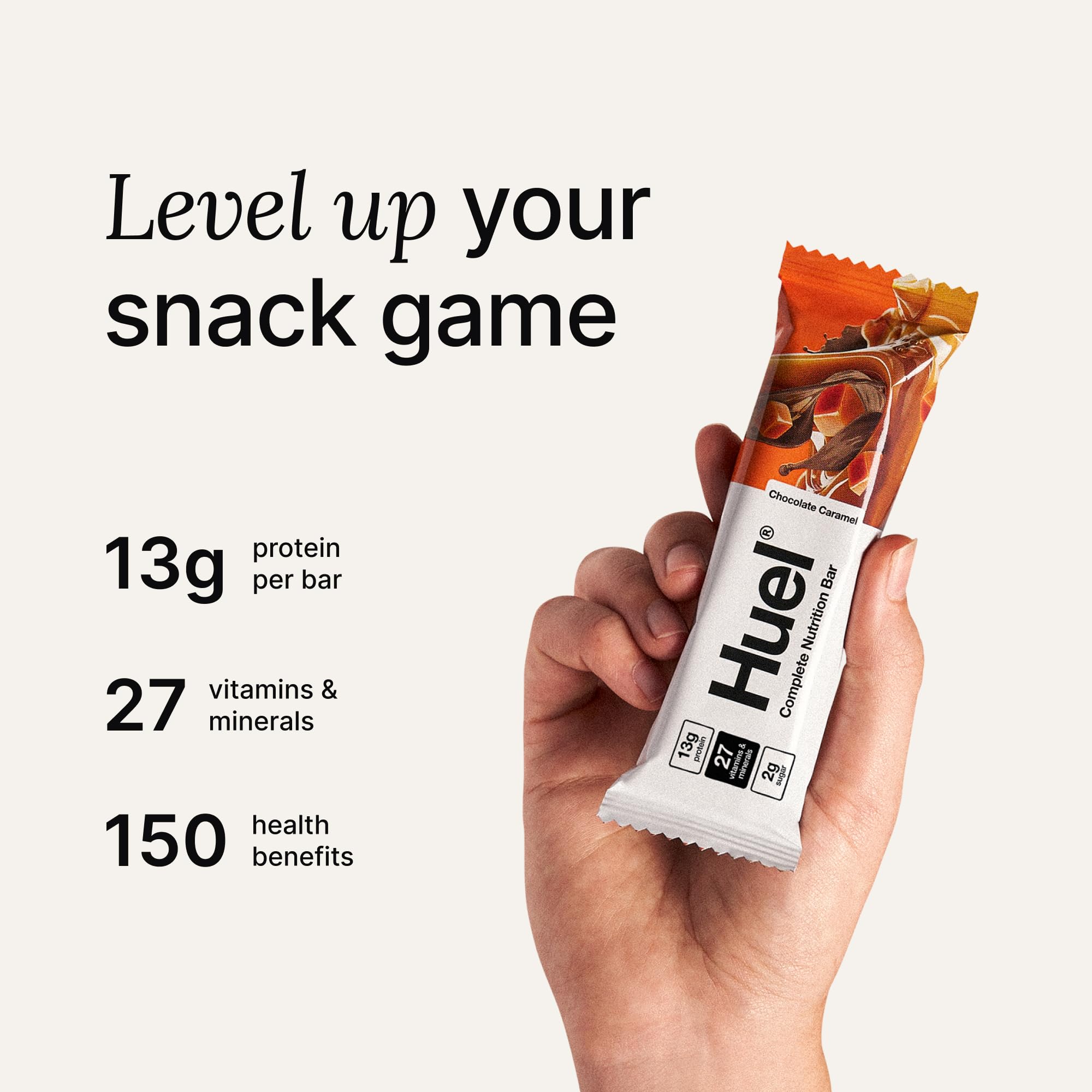 Huel nutrition panel shows 27 vitamins and minerals for daily support.