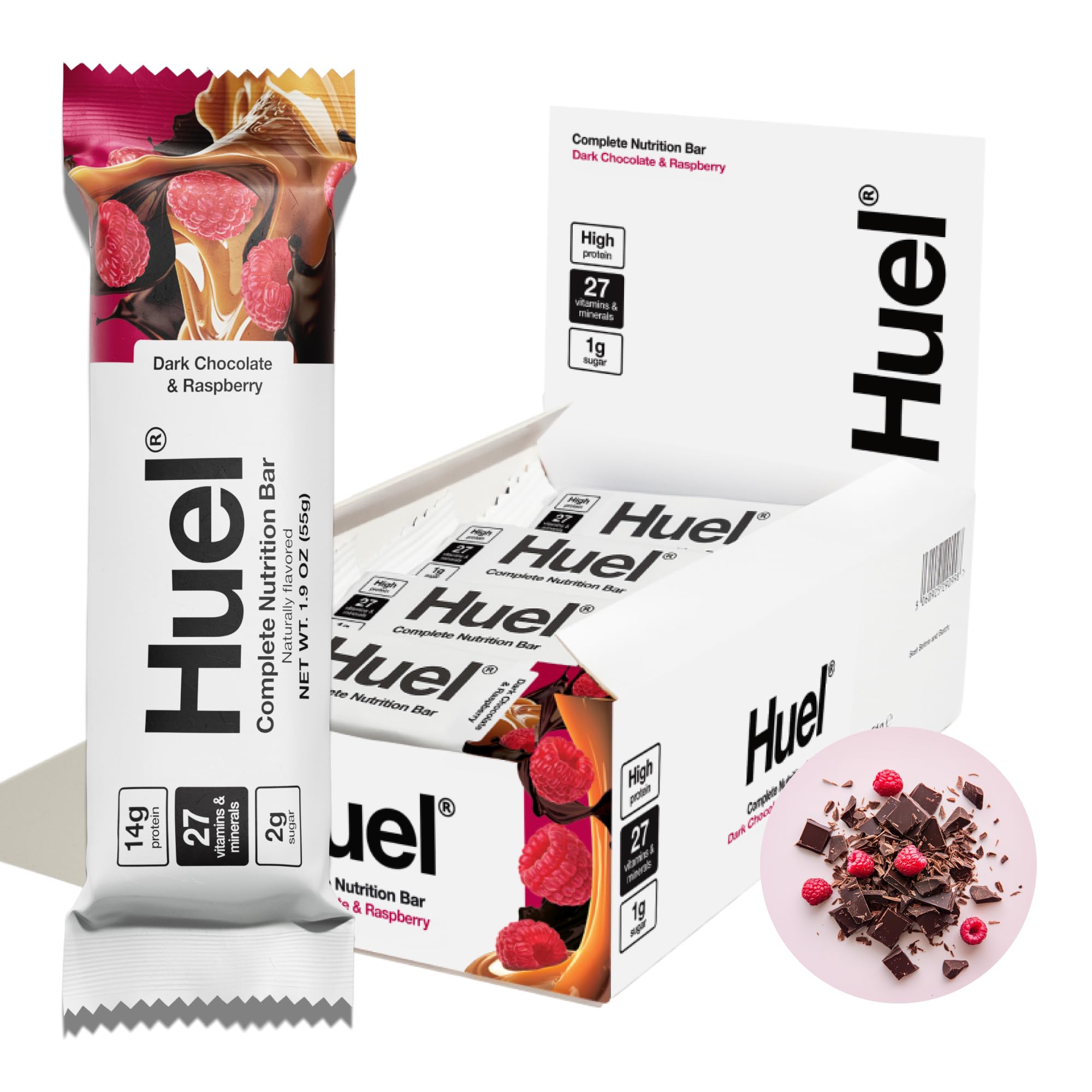 Huel Complete Nutrition bar Dark Chocolate Raspberry pack shot highlights a convenient plant-based snack