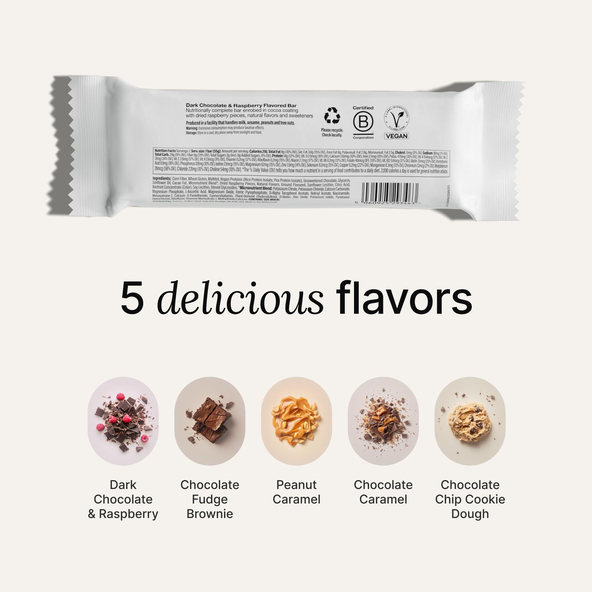 Huel Complete Nutrition bar Dark Chocolate Raspberry features 13 g protein and vitamins highlight
