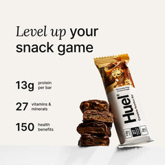 Huel cookie dough bar chocolate close-up highlighting vegan milk chocolate chips.