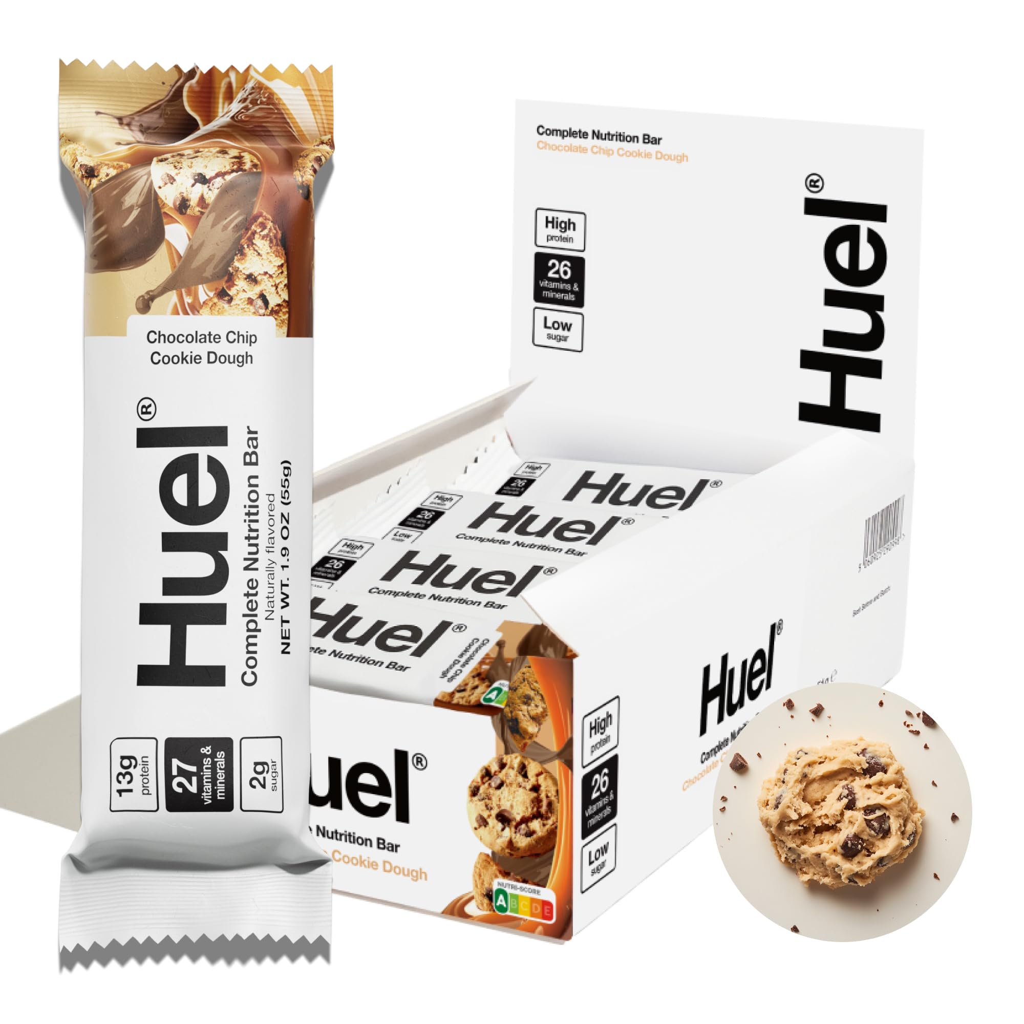 Huel cookie dough bar wrapped for on-the-go snacking and balanced nutrition.