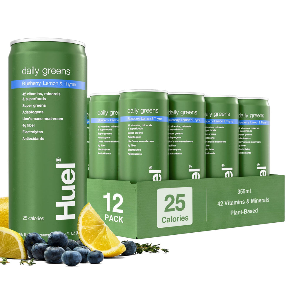 Huel Daily Greens Blueberry Lemon Thyme bottle for on-the-go nutrition