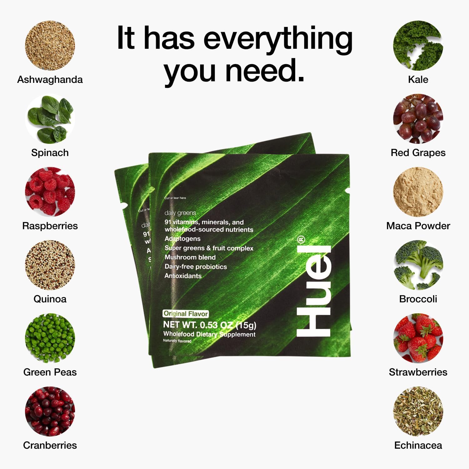 Huel Daily Greens jar with label highlighting five blends
