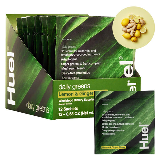 Huel Daily Greens lemon-ginger bottle shows refreshing morning flavor and nutrition