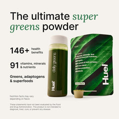 Huel Daily Greens powder dissolving into water for a refreshing morning drink.