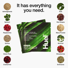 Huel Daily Greens Organic Superfruit blend highlighted with vibrant greens
