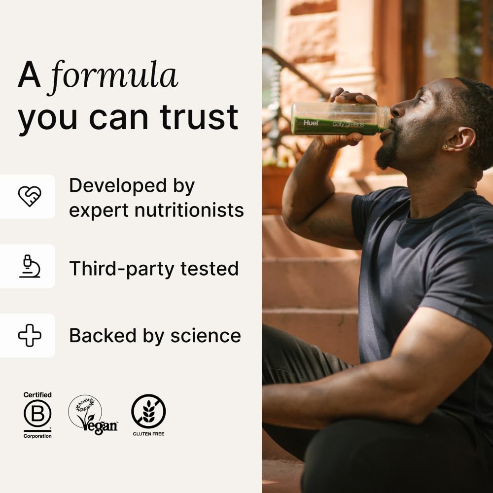 Huel Daily Greens Peach Passionfruit nutrition label highlights vitamins and minerals.