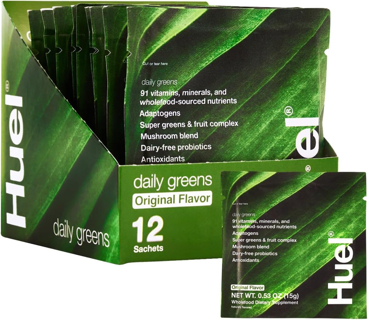 Huel Daily Greens tub with scoop for daily vitality
