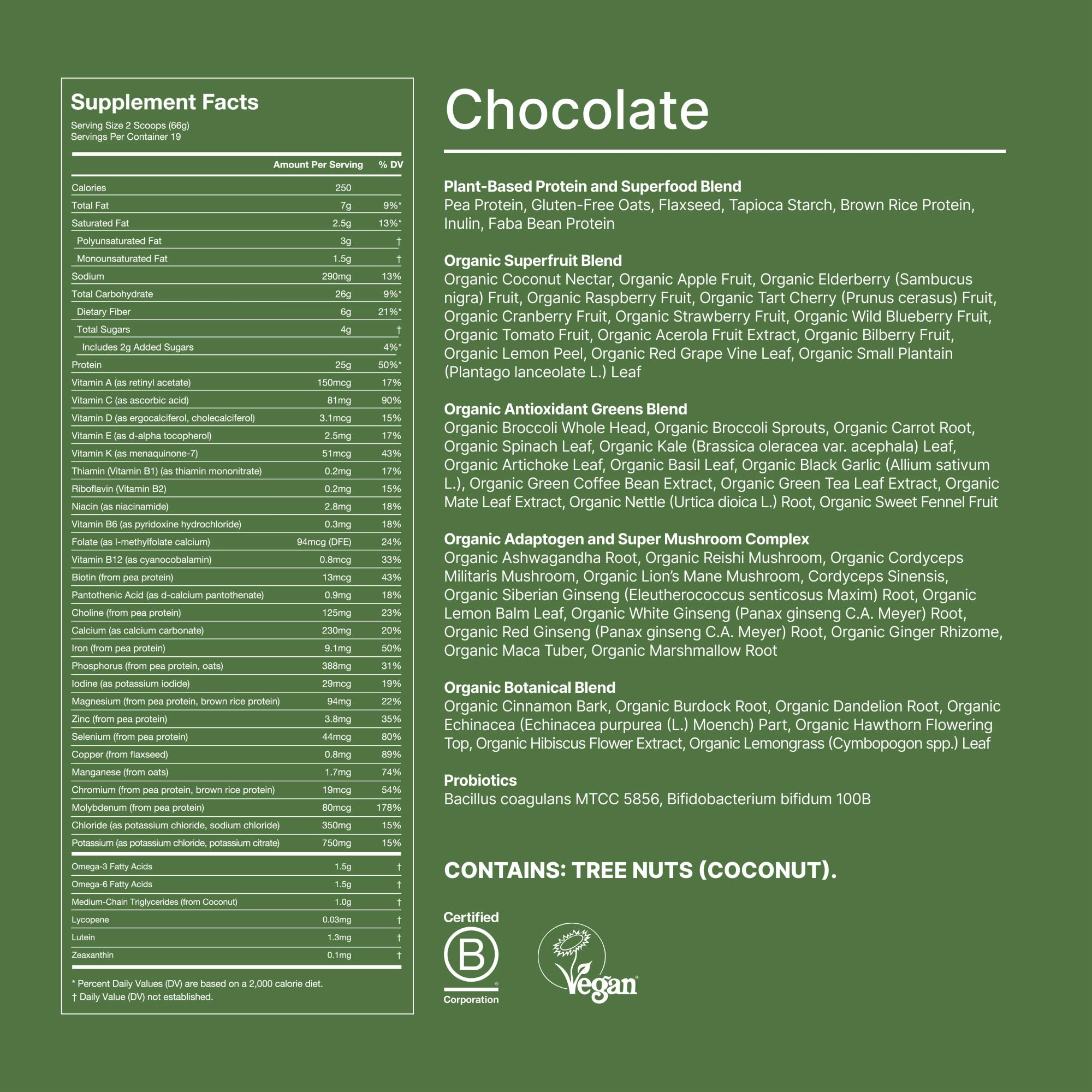 Probiotic and superfood visuals in Huel Daily Superblend Chocolate
