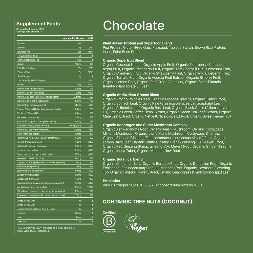 Probiotic and superfood visuals in Huel Daily Superblend Chocolate