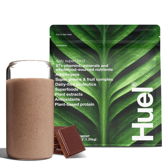 Huel Daily Superblend Chocolate tin front view, convenient plant-based meal option