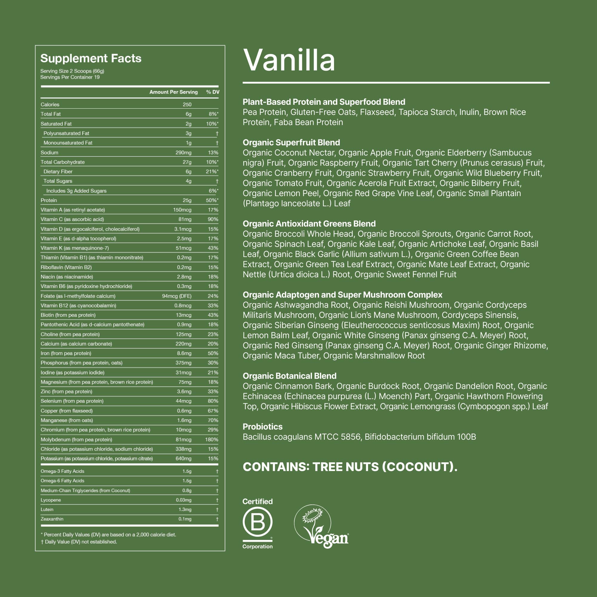 Huel Daily Superblend Vanilla tub with greens imagery evoking organic greens and wholefood ingredients.