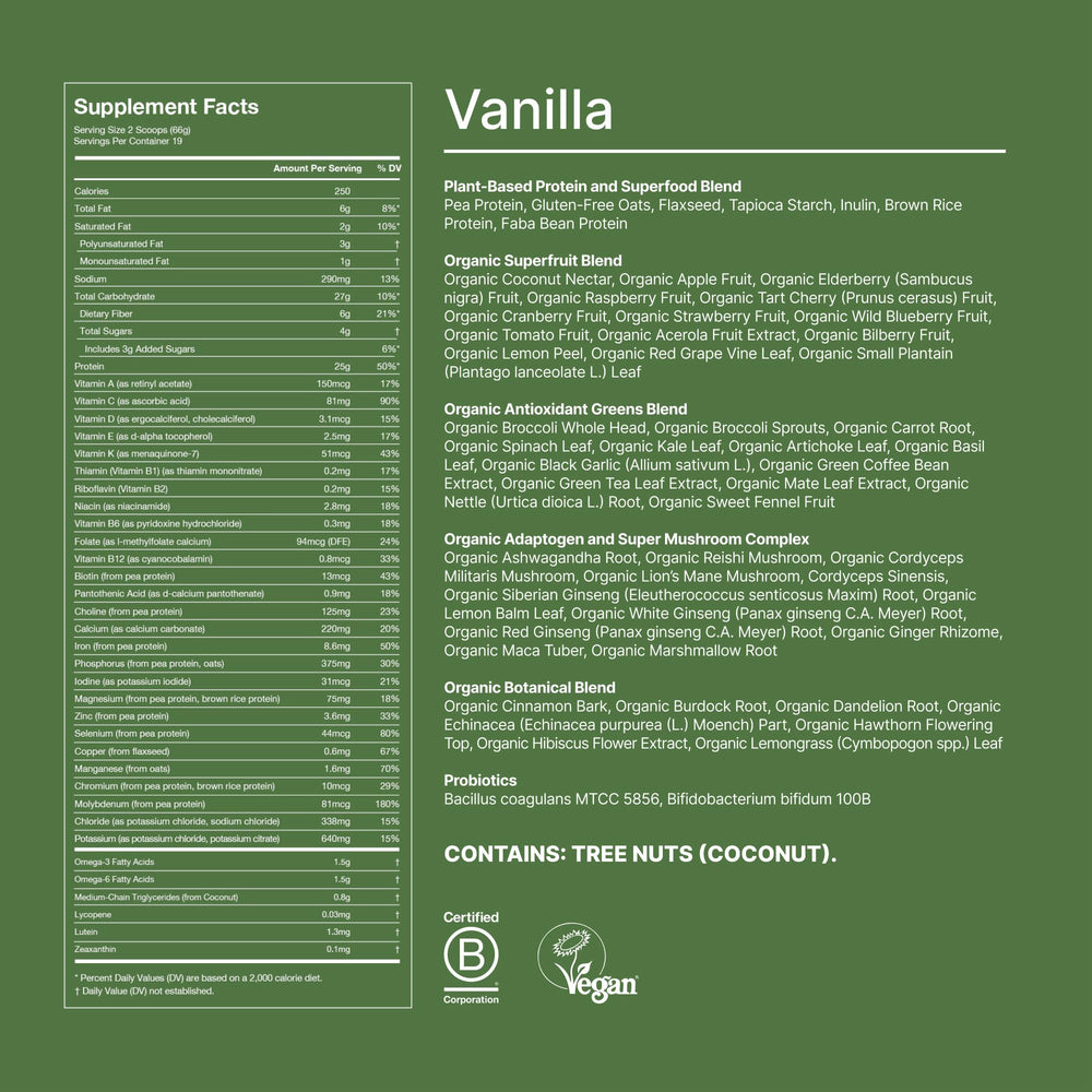 Huel Daily Superblend Vanilla tub with greens imagery evoking organic greens and wholefood ingredients.