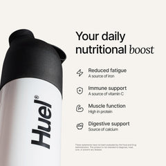 Huel Daily Superblend Vanilla label close-up highlighting 87 vitamins and minerals for daily nourishment.