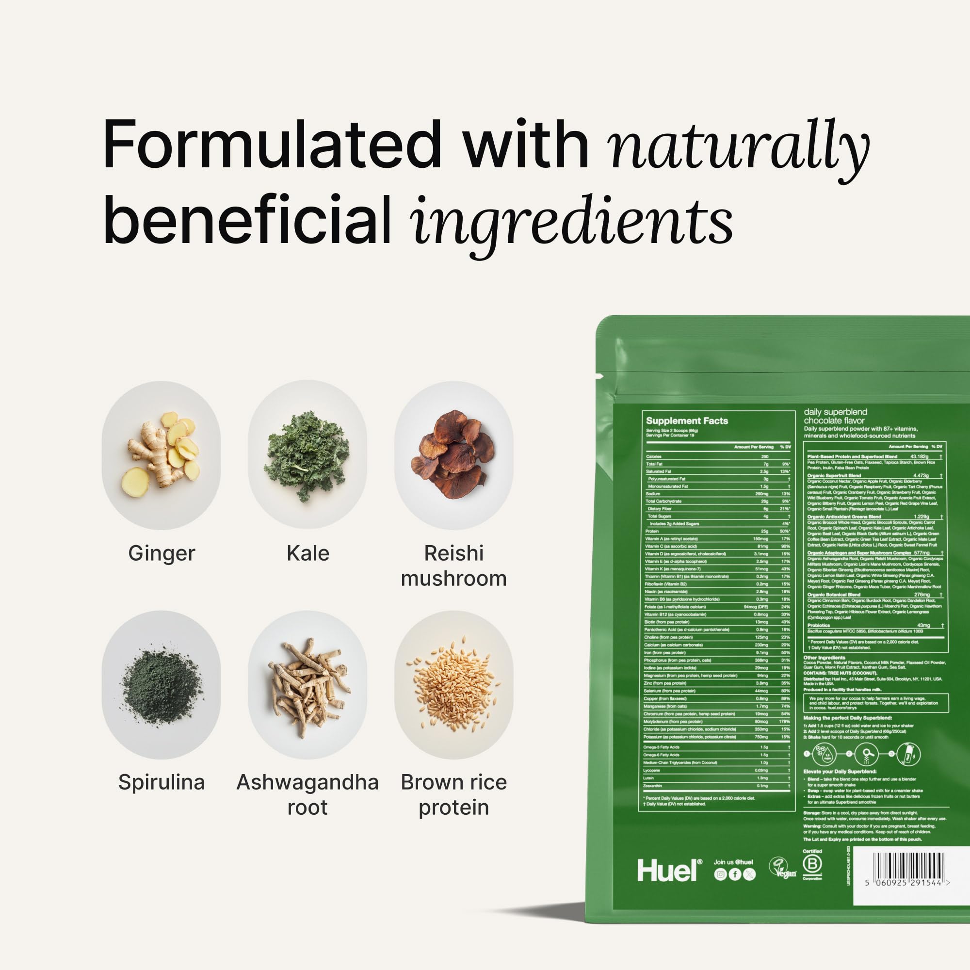 Huel measuring scoop beside glass of vanilla shake emphasizing protein and fiber support.