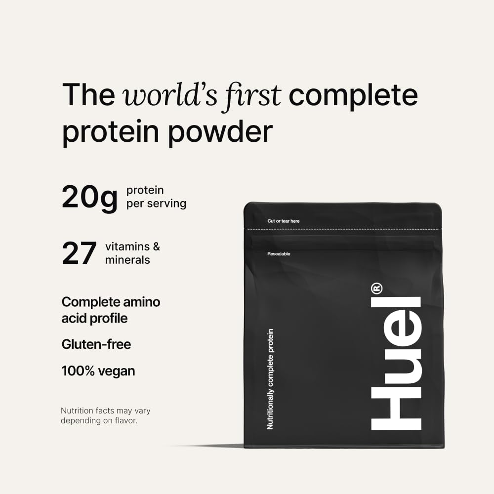 Huel gluten-free and dairy-free label on packaging.